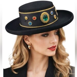 Vintage Sonni San Francisco Black Wool Felt Wide Brim Hat Jeweled Band SZ 7, S/M